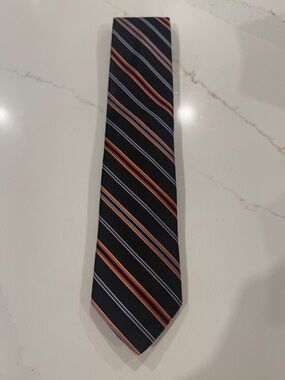 DION 100% Italian Silk Tie Handcrafted in Canada Black Orange Blue Striped NWT